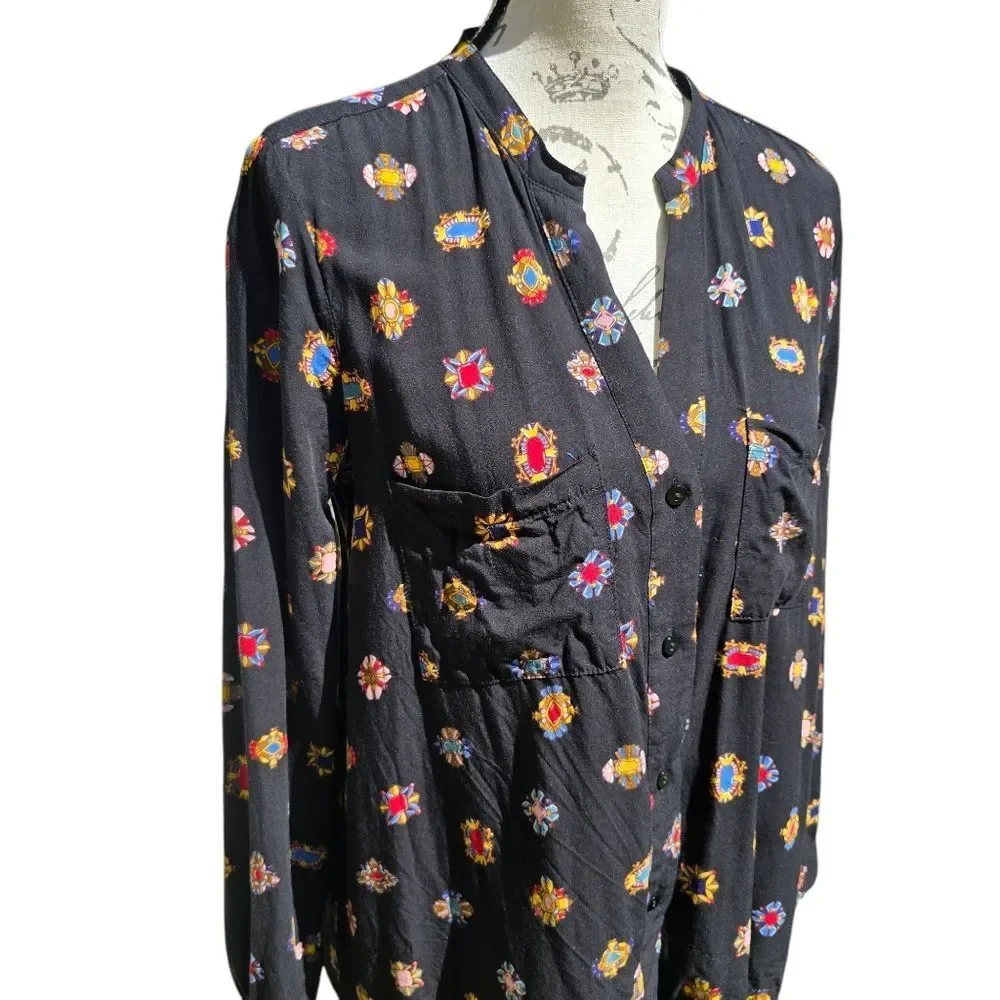 Zara -1824 Jewel Print‎ Button Up Shirt Long Sleeve Black Multicolor Medium